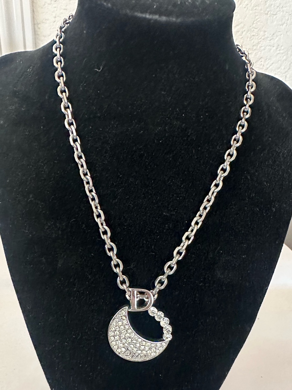 Dior Y2K D Logo Silver Tone Crystal Crescent Moon Pendant Necklace